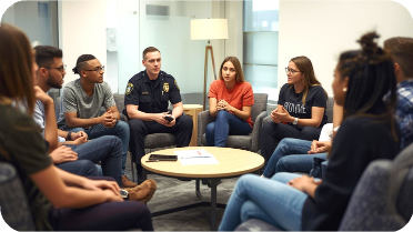 group of people speaking with police officer
